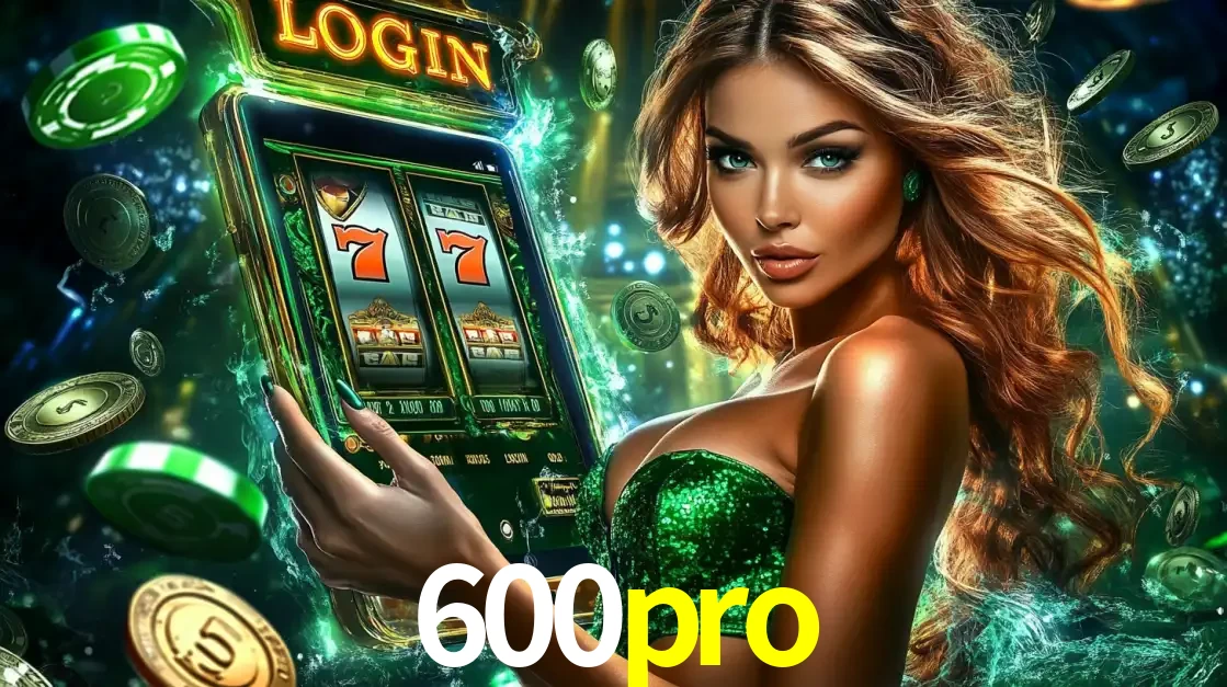 Mulher com tema verde apresentando o aplicativo do cassino 600pro com um jogo de slot de 777, cercada por fichas de cassino e uma aura de sorte.