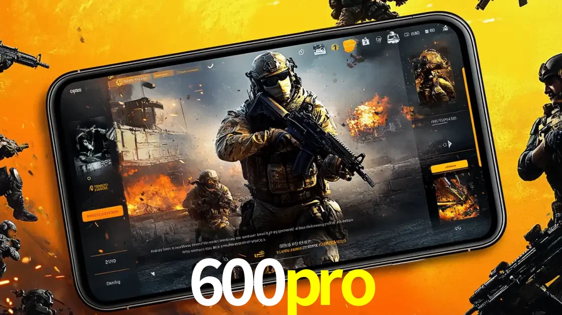 Um smartphone exibindo a interface de um jogo de tiro em primeira pessoa, com um soldado em um cenário de batalha, representando a ação dos e-sports para apostar no 600pro.