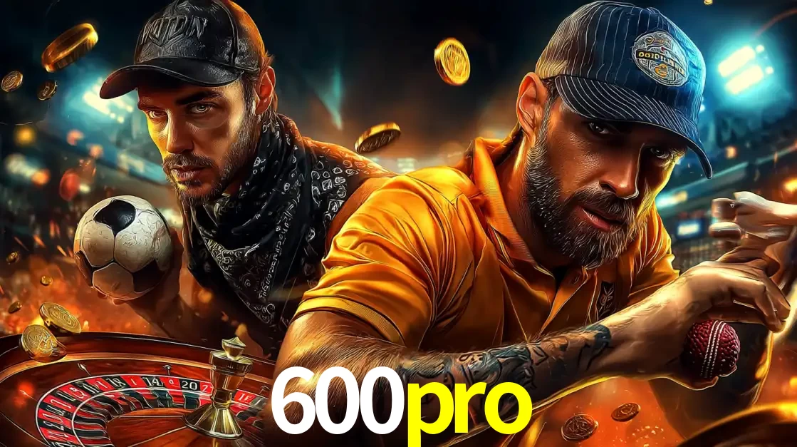 Montagem de apostas esportivas e cassino no 600pro, com um homem segurando uma bola de futebol e outro uma de beisebol sobre uma roleta e moedas voadoras.