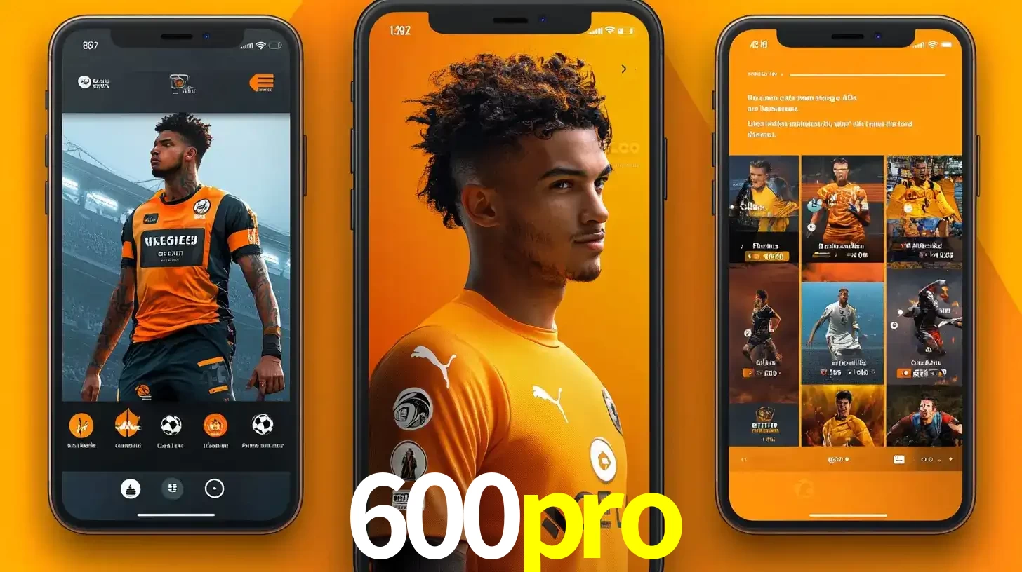 Interface do aplicativo de apostas esportivas 600pro em três telas de celular, mostrando o perfil de um jogador de futebol e a lista de jogos disponíveis para apostar.