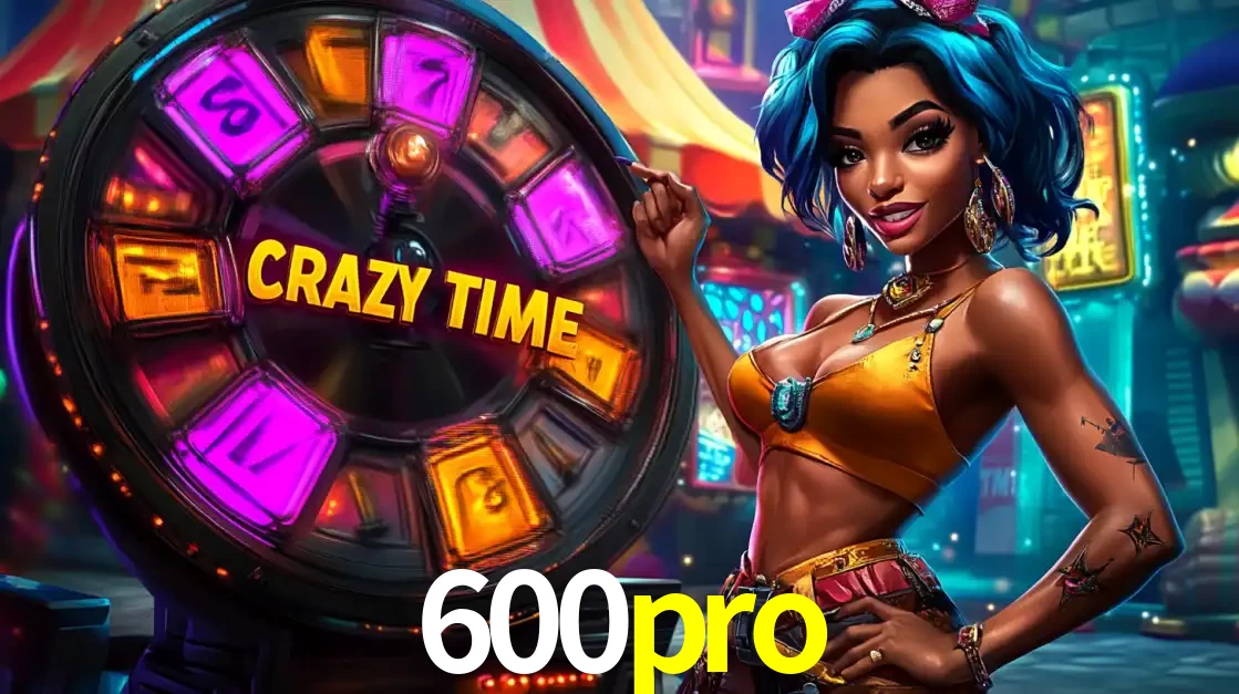 Mulher estilizada com cabelo azul e visual vibrante posando ao lado da roda de prêmios do game show Crazy Time, convidando para a diversão e os bônus do cassino 600pro.