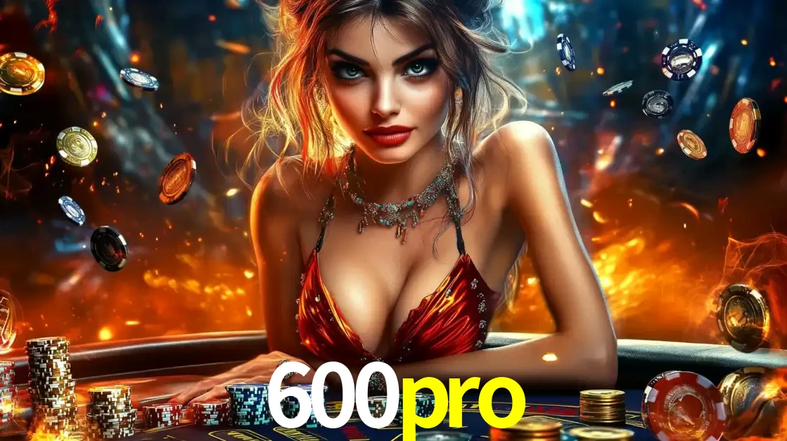 Mulher em uma mesa de cassino com pilhas de fichas e um fundo de fogo, pronta para uma rodada de altas apostas nos jogos de mesa emocionantes do cassino 600pro.