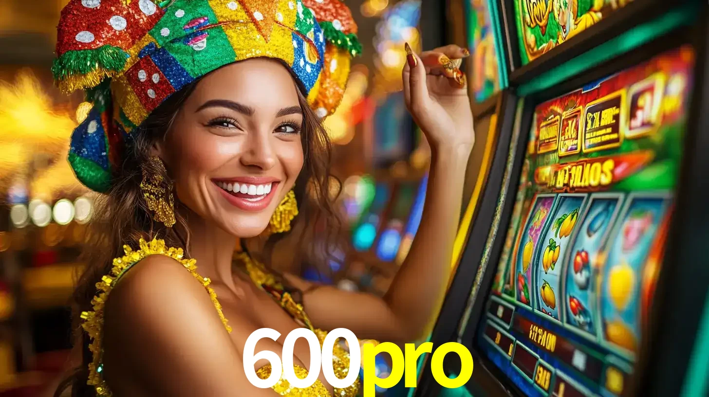 Mulher feliz com traje de carnaval amarelo e colorido ao lado de uma máquina de caça-níqueis, aproveitando a diversão e os jogos temáticos do cassino 600pro.