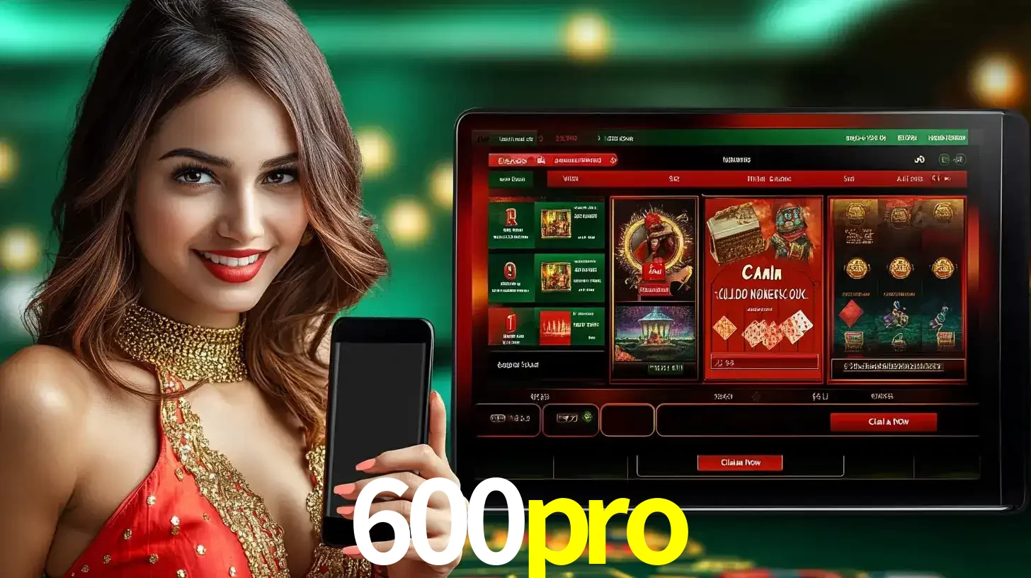 Mulher sorridente segurando um smartphone, ao lado de uma tela exibindo o lobby de jogos do cassino online 600pro, com várias opções de jogos de cartas e slots.